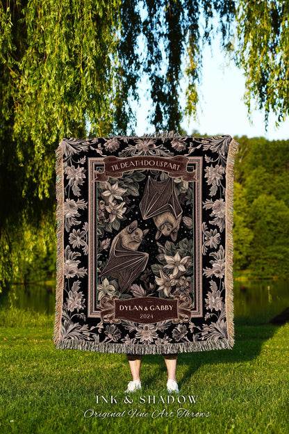 Tarot Lovers Bat Couple Tapestry Blanket | Dark Cottagecore Bat Lovers Gothic Wedding Gift Til Death Do Us Part Blanket Gift for Girlfriend