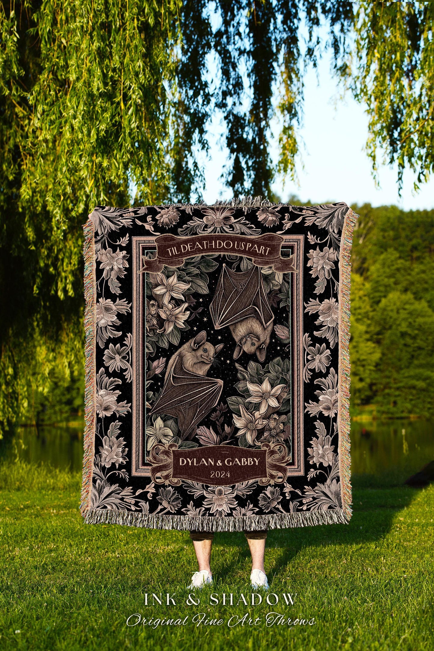 Tarot Lovers Bat Couple Tapestry Blanket | Dark Cottagecore Bat Lovers Gothic Wedding Gift Til Death Do Us Part Blanket Gift for Girlfriend