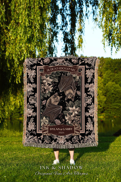 Tarot Lovers Bat Couple Tapestry Blanket | Dark Cottagecore Bat Lovers Gothic Wedding Gift Til Death Do Us Part Blanket Gift for Girlfriend