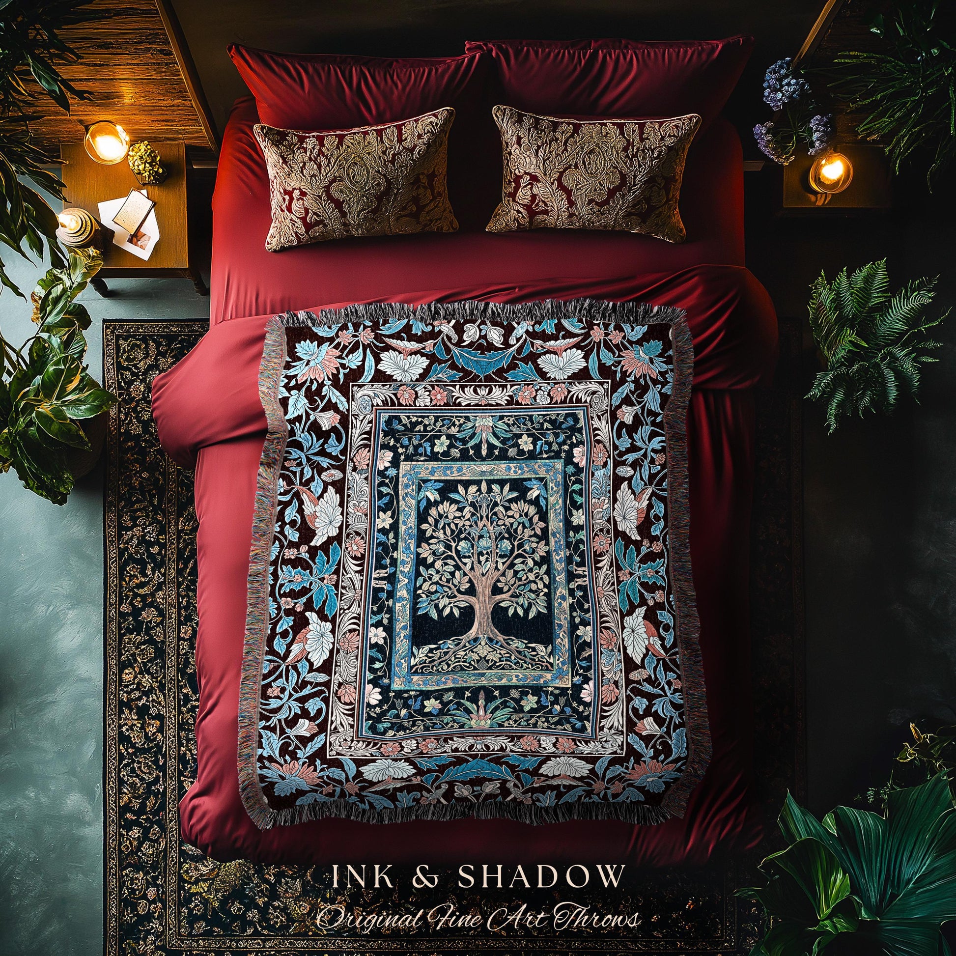 Indie Eclectic Medieval Tree of Life Throw Blanket Woven Cotton Wall Tapestry