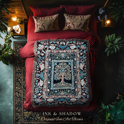 Indie Eclectic Medieval Tree of Life Throw Blanket Woven Cotton Wall Tapestry
