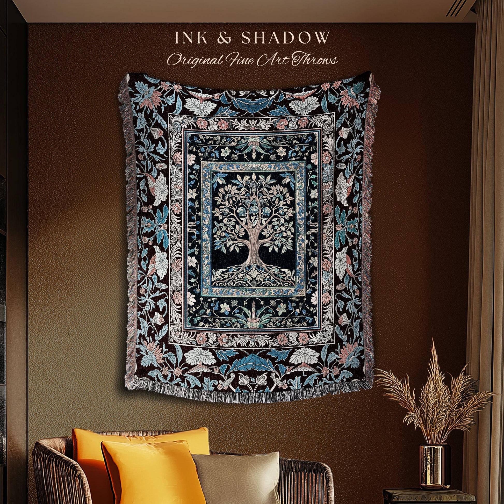 Indie Eclectic Medieval Tree of Life Throw Blanket Woven Cotton Wall Tapestry