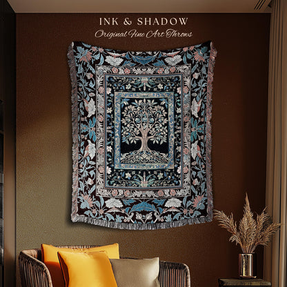 Indie Eclectic Medieval Tree of Life Throw Blanket Woven Cotton Wall Tapestry