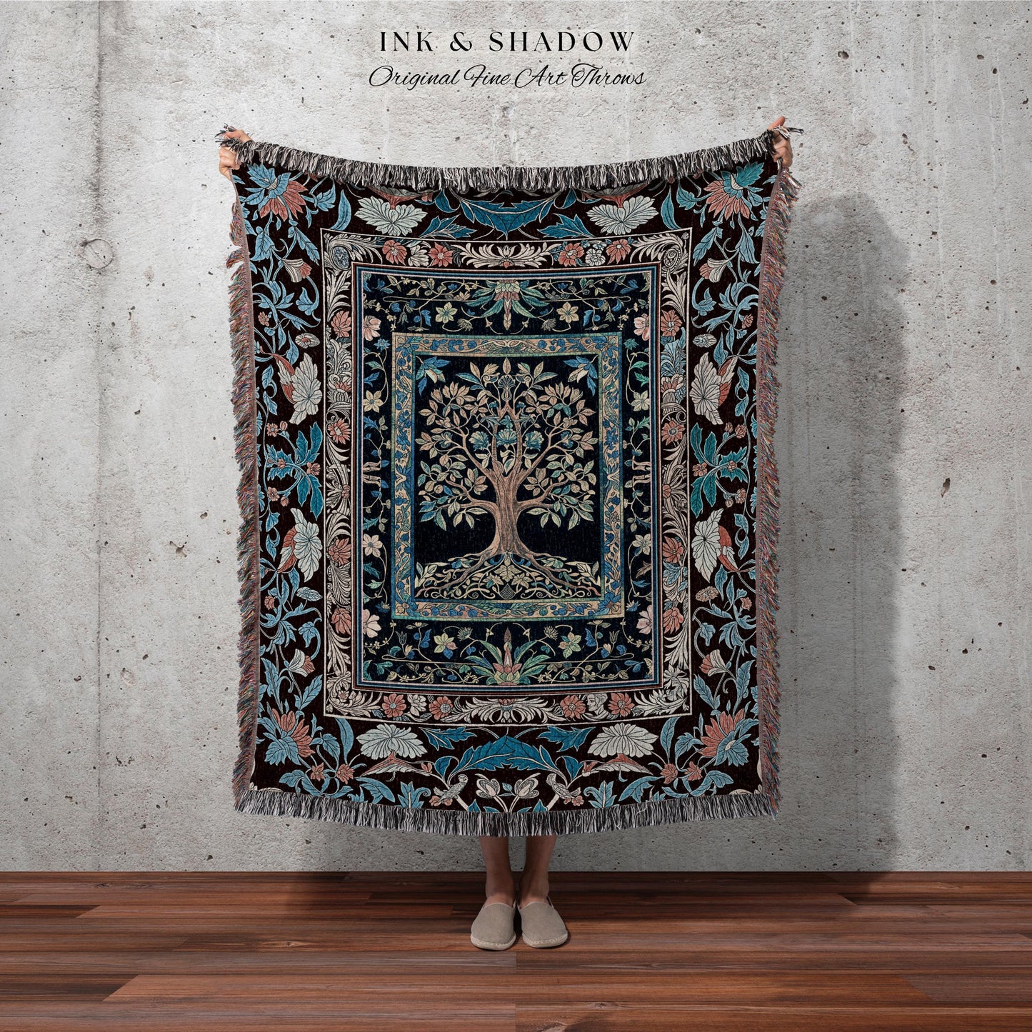 Indie Eclectic Medieval Tree of Life Throw Blanket Woven Cotton Wall Tapestry
