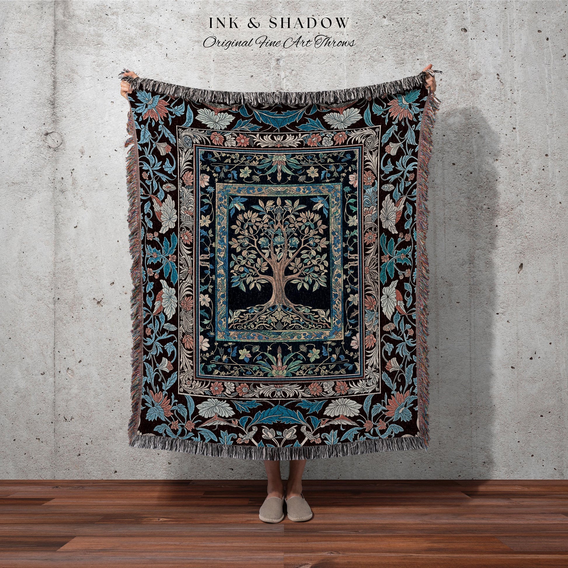 Indie Eclectic Medieval Tree of Life Throw Blanket Woven Cotton Wall Tapestry