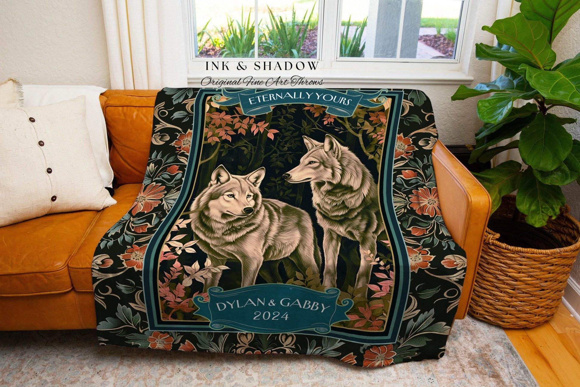 Dark Forest Wolf Couple Custom Tapestry | Personalized Anniversary Gift Throw Blanket Dark Cottagecore Wedding Dating Couple Gift Ideas Cute