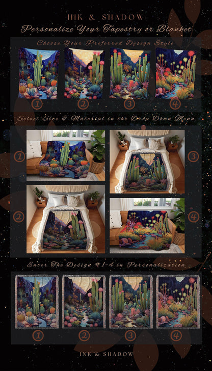 Moonlit Landscape Desert Throw Blanket Woven Tapestry Night Sky Cactus Blanket Desert Night Mystical Blanket Southwestern Boho Blanket