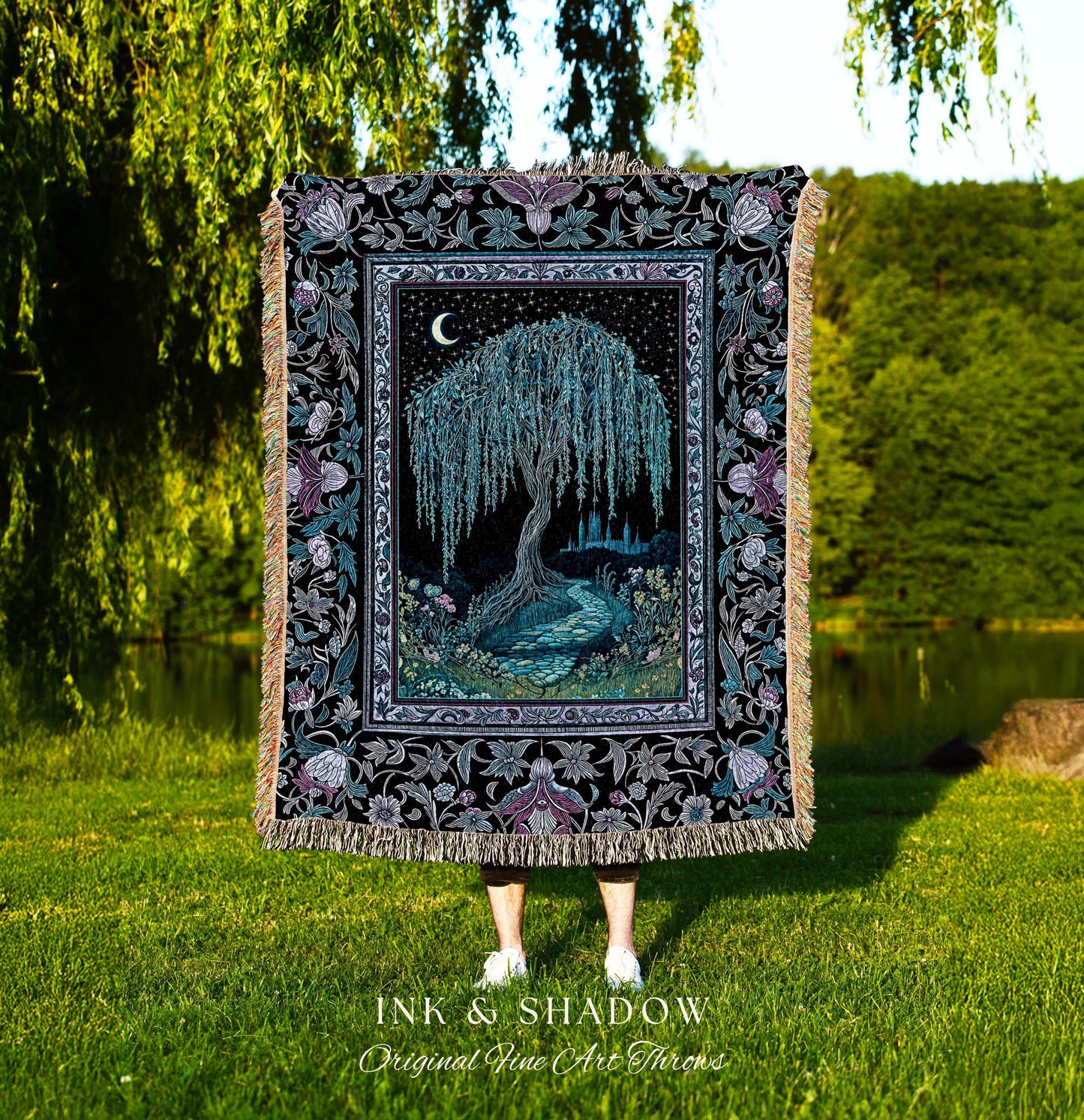 Dreamy Willow Tree Moody Throw Blanket | Enchanted Aesthetic Celestial Folklore Storybook Witchy Home Accent Dark Academia Medieval Tapestry