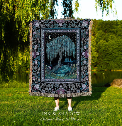 Dreamy Willow Tree Moody Throw Blanket | Enchanted Aesthetic Celestial Folklore Storybook Witchy Home Accent Dark Academia Medieval Tapestry