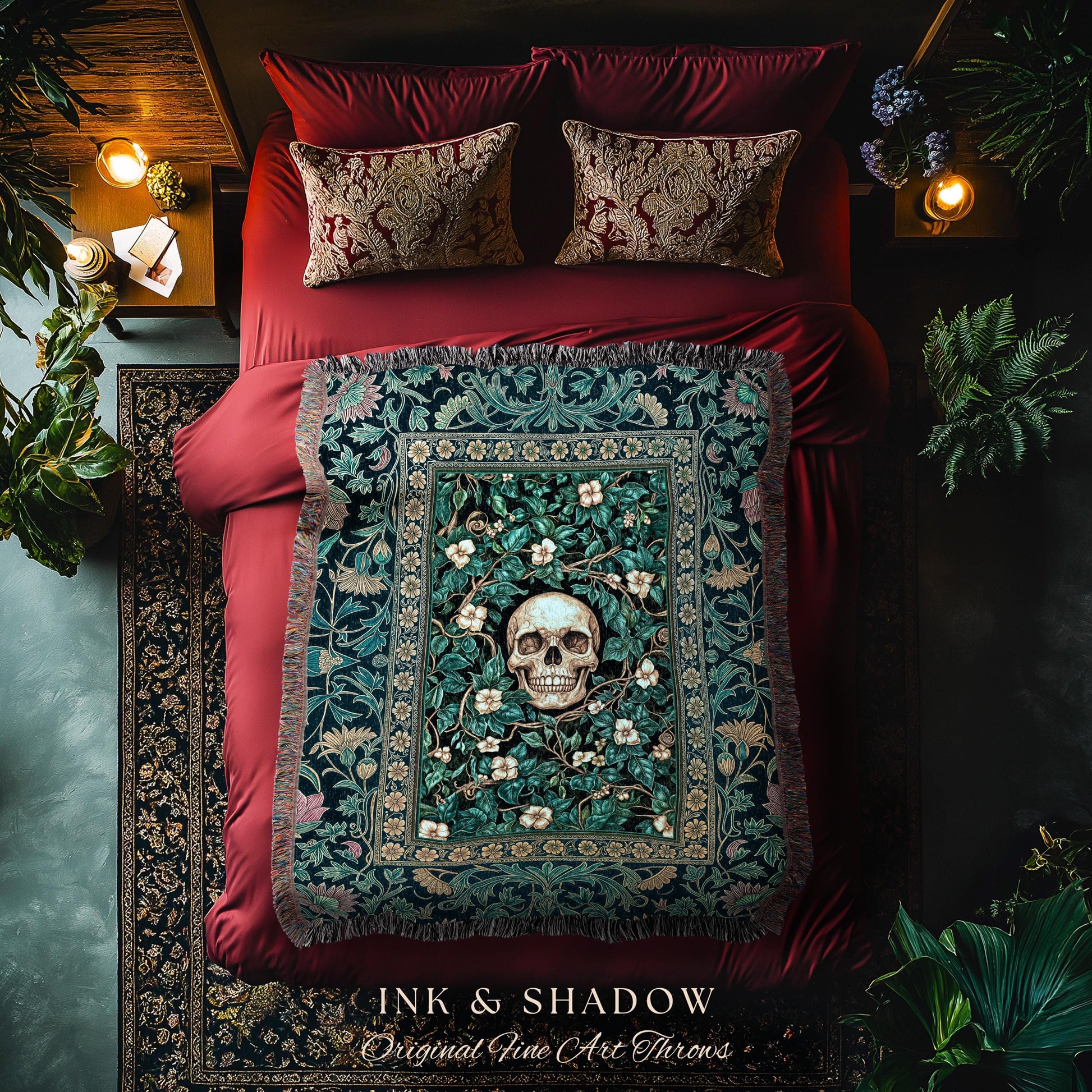Wildflower Wilds Skull Woven Blanket | Botanical Macabre Wall Tapestry Gothic Aesthetic Wiccan Throw Witchy Tarot Skeleton Whimsigoth Decor