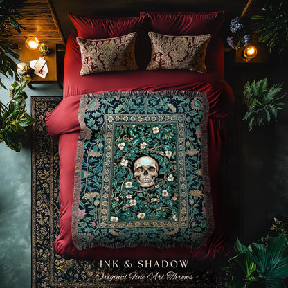 Wildflower Wilds Skull Woven Blanket | Botanical Macabre Wall Tapestry Gothic Aesthetic Wiccan Throw Witchy Tarot Skeleton Whimsigoth Decor