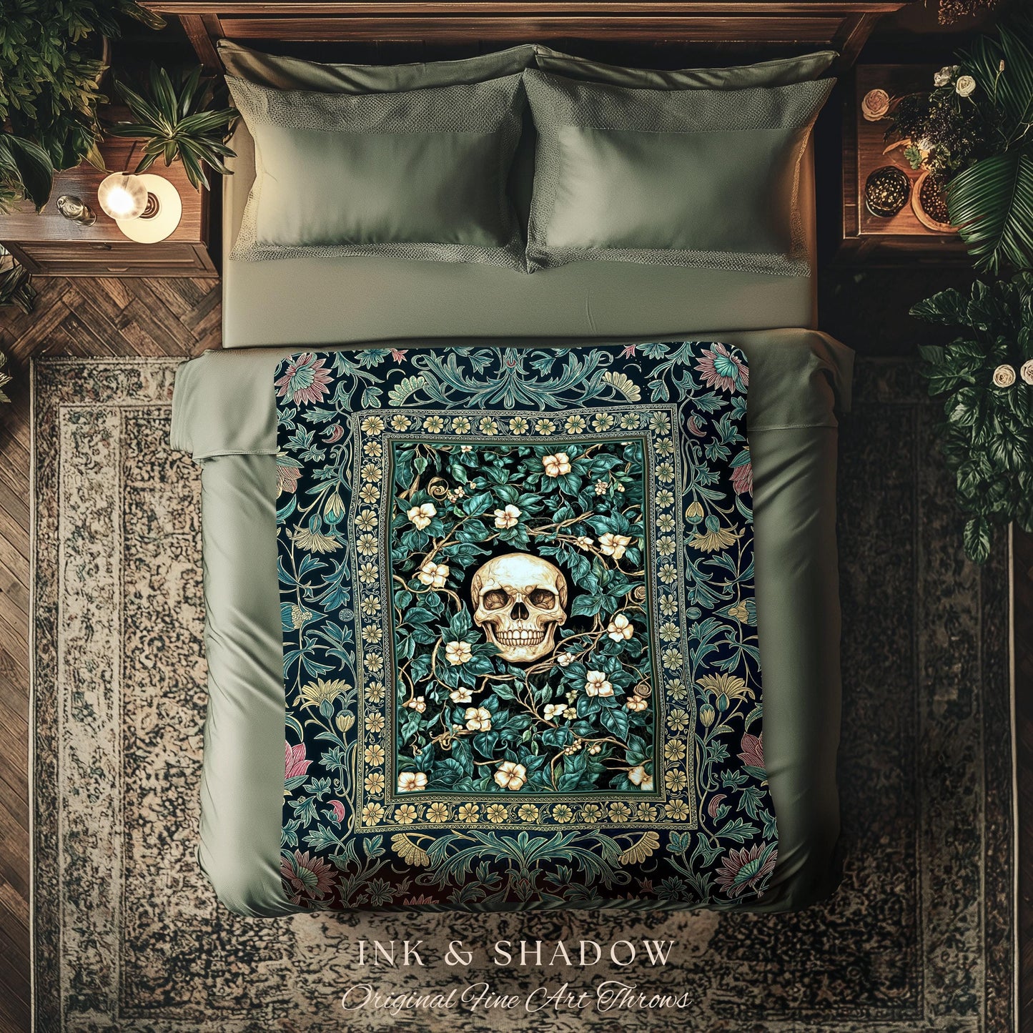 Wildflower Wilds Skull Woven Blanket | Botanical Macabre Wall Tapestry Gothic Aesthetic Wiccan Throw Witchy Tarot Skeleton Whimsigoth Decor