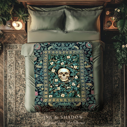 Wildflower Wilds Skull Woven Blanket | Botanical Macabre Wall Tapestry Gothic Aesthetic Wiccan Throw Witchy Tarot Skeleton Whimsigoth Decor