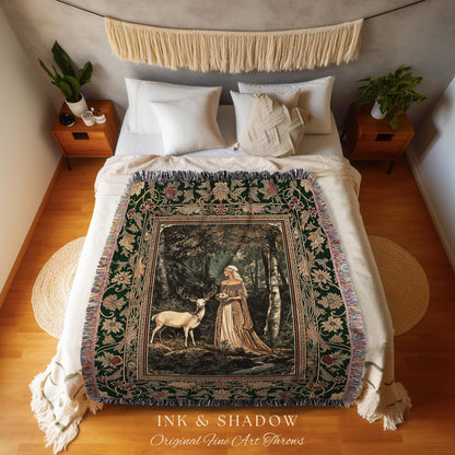 Nature Spirits Ethereal Woven Tapestry | Royal Medieval Folklore inspired Woodland Landscape Throw Blanket Fantasy Wall Art Dark Forest |