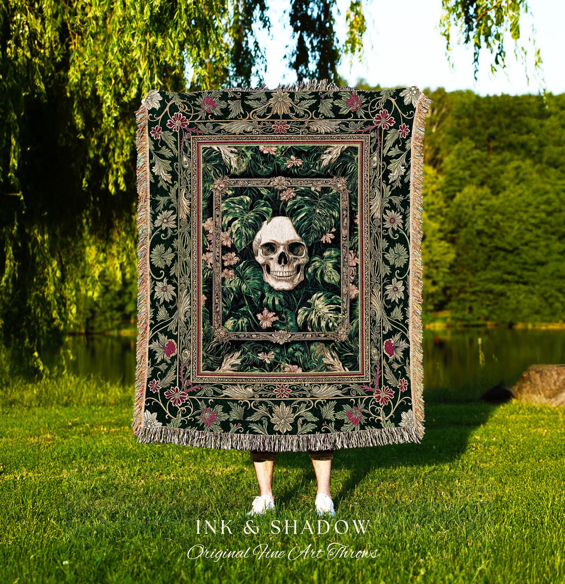 Botanical Gothic Macabre Skull Blanket | Baroque Goth Decor Spooky Fall Aesthetic Dark Academia Woven Wall Tapestry Skeleton Halloween Throw