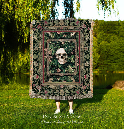 Botanical Gothic Macabre Skull Blanket | Baroque Goth Decor Spooky Fall Aesthetic Dark Academia Woven Wall Tapestry Skeleton Halloween Throw