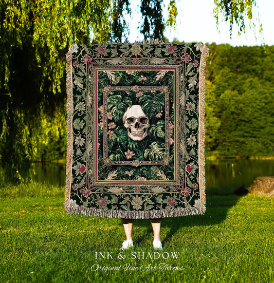 Botanical Gothic Macabre Skull Blanket | Baroque Goth Decor Spooky Fall Aesthetic Dark Academia Woven Wall Tapestry Skeleton Halloween Throw