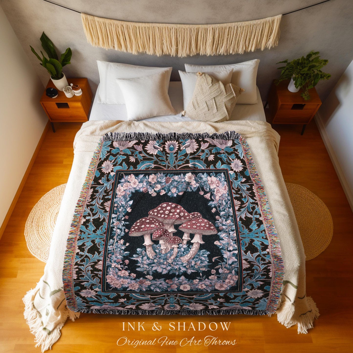 Foraging Fungi Mushroom Throw | Whimsical Eclectic Woven Blanket for Fairy Aesthetic Bedroom Whimsigoth Decor Fairycore Toadstool Witchy |