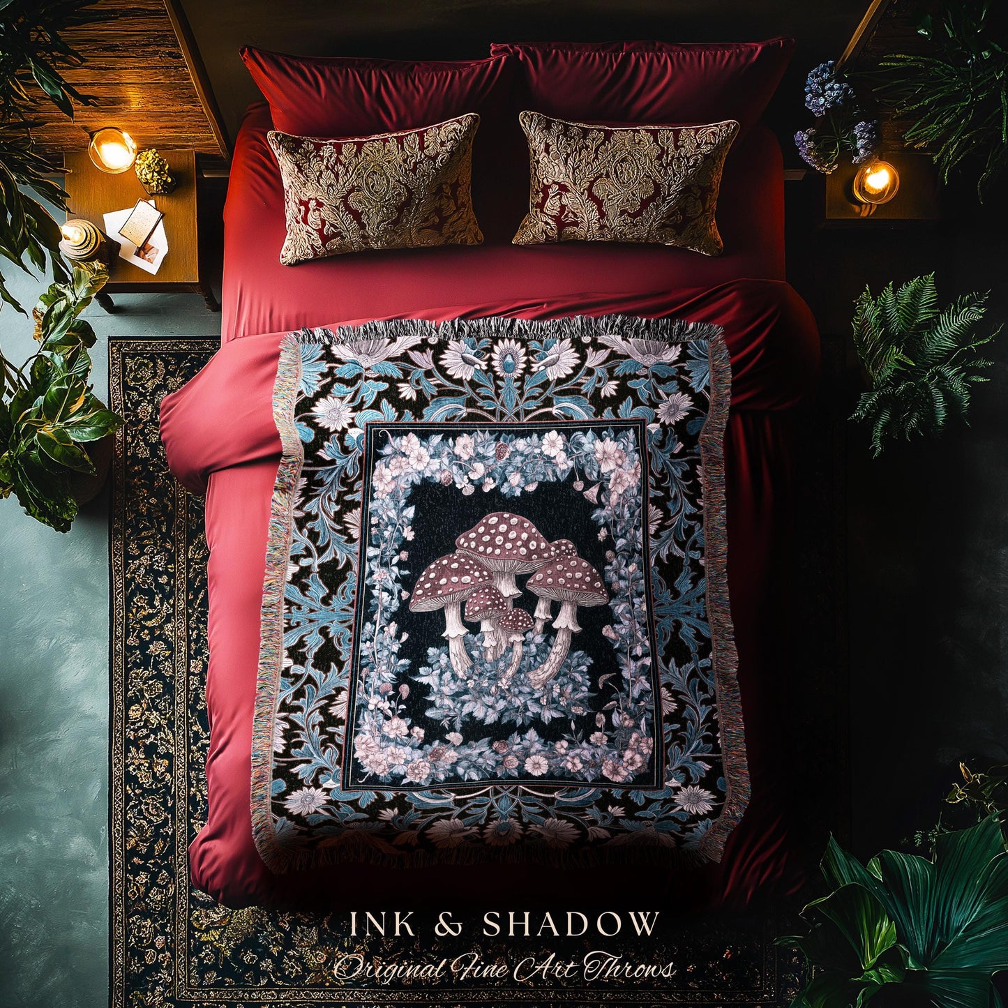 Foraging Fungi Mushroom Throw | Whimsical Eclectic Woven Blanket for Fairy Aesthetic Bedroom Whimsigoth Decor Fairycore Toadstool Witchy |