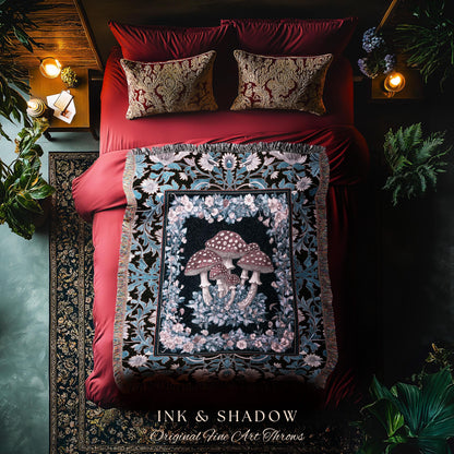 Foraging Fungi Mushroom Throw | Whimsical Eclectic Woven Blanket for Fairy Aesthetic Bedroom Whimsigoth Decor Fairycore Toadstool Witchy |