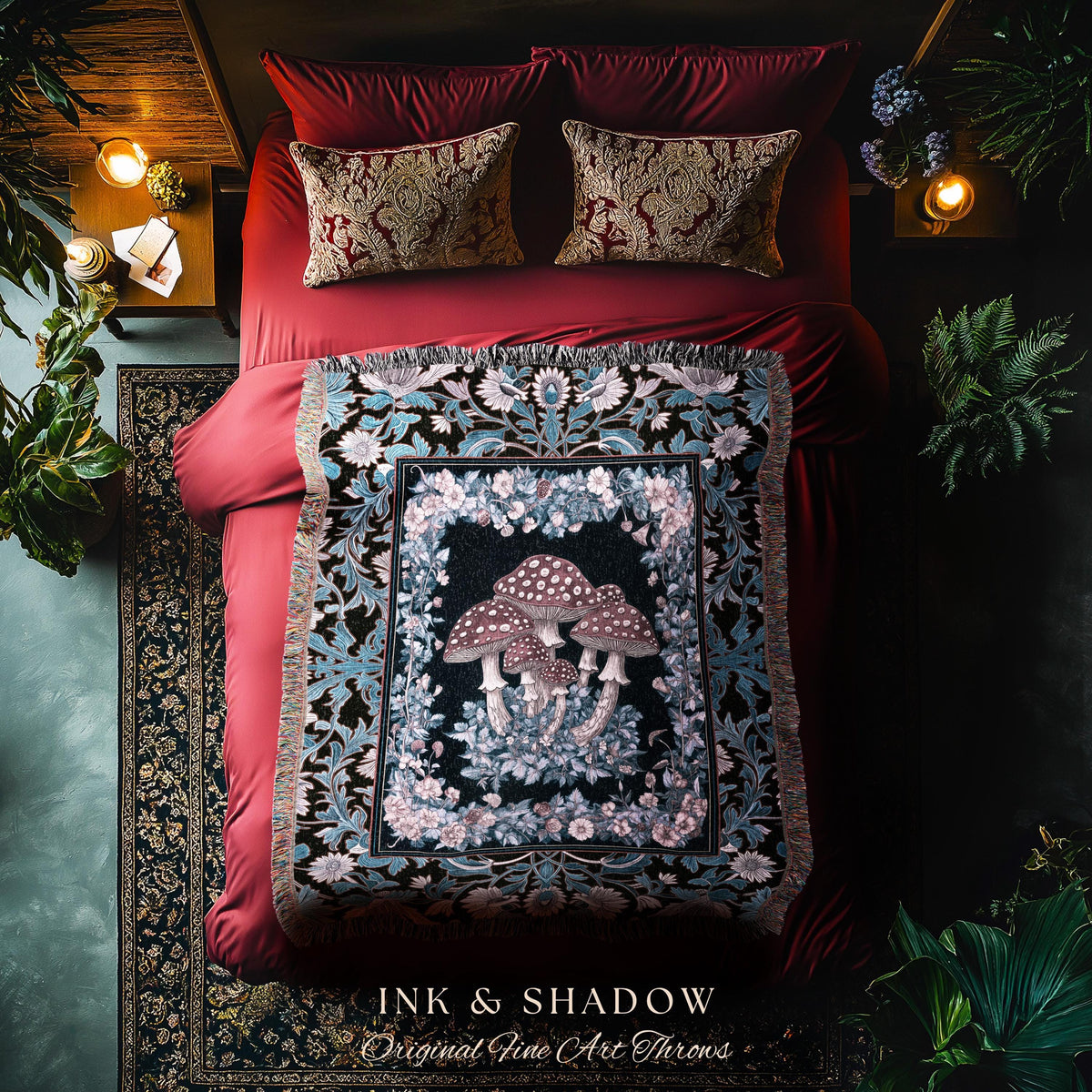 Foraging Fungi Mushroom Throw | Whimsical Eclectic Woven Blanket for Fairy Aesthetic Bedroom Whimsigoth Decor Fairycore Toadstool Witchy |