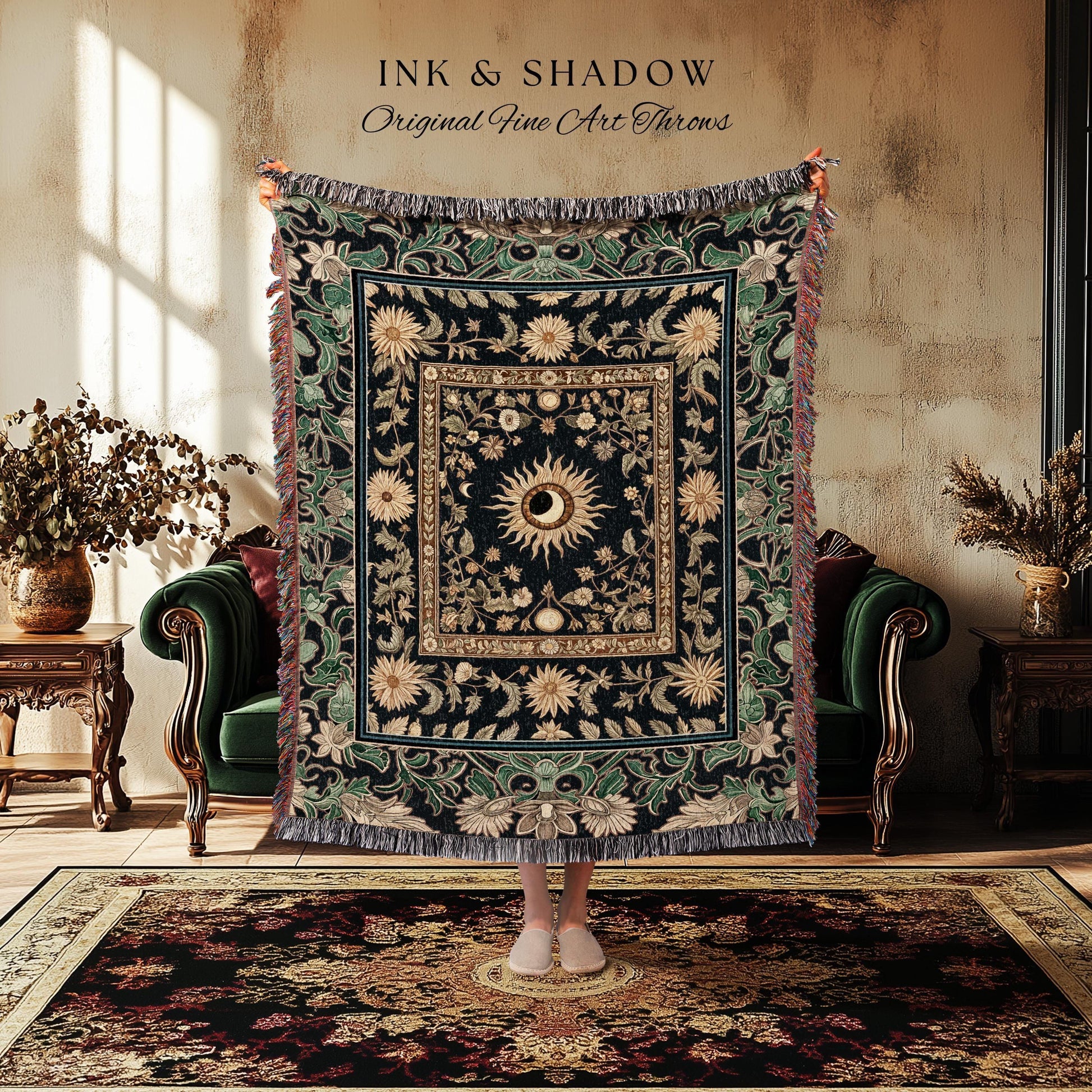 Earthy Spiritual Sun Woven Tapestry | Hippie Gothic Botanical Ethereal Mystic Bedroom Blanket Whimsical Celestial Tarot Aesthetic Astrology