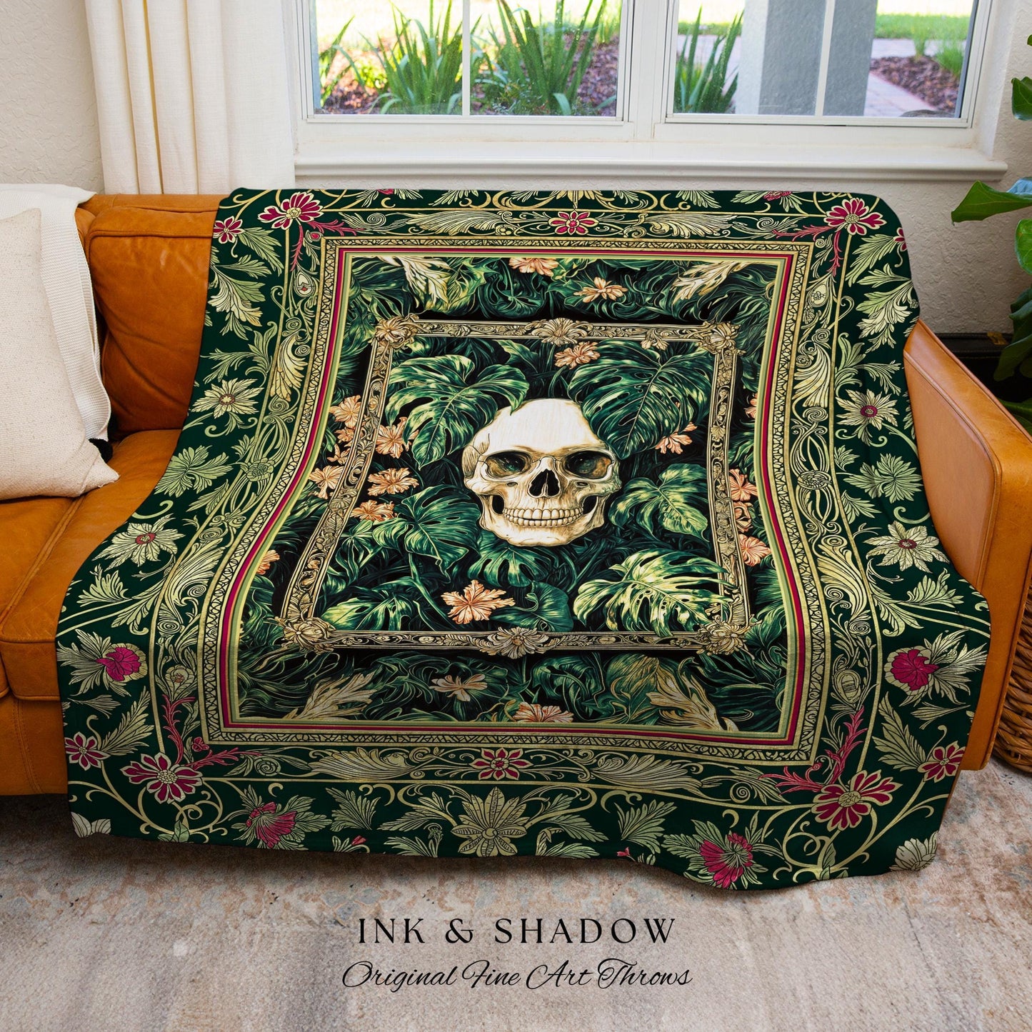 Botanical Gothic Macabre Skull Blanket | Baroque Goth Decor Spooky Fall Aesthetic Dark Academia Woven Wall Tapestry Skeleton Halloween Throw