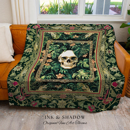 Botanical Gothic Macabre Skull Blanket | Baroque Goth Decor Spooky Fall Aesthetic Dark Academia Woven Wall Tapestry Skeleton Halloween Throw