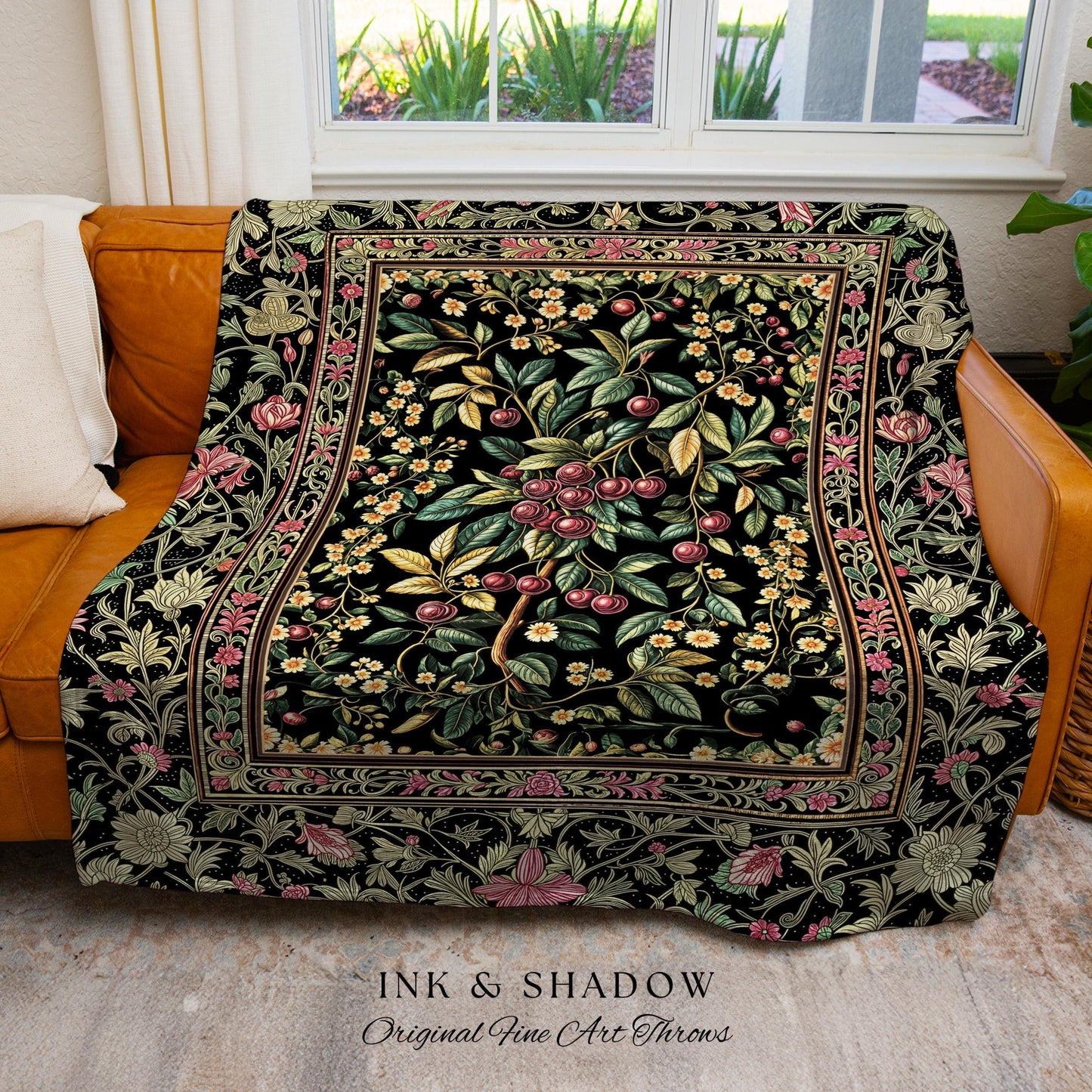 Gothic Elegance Cherry Throw Blanket | Victorian Cottagecore Decor Baroque Floral Style Gothic Garden Woven Tapestry Romantic Dark Ethereal