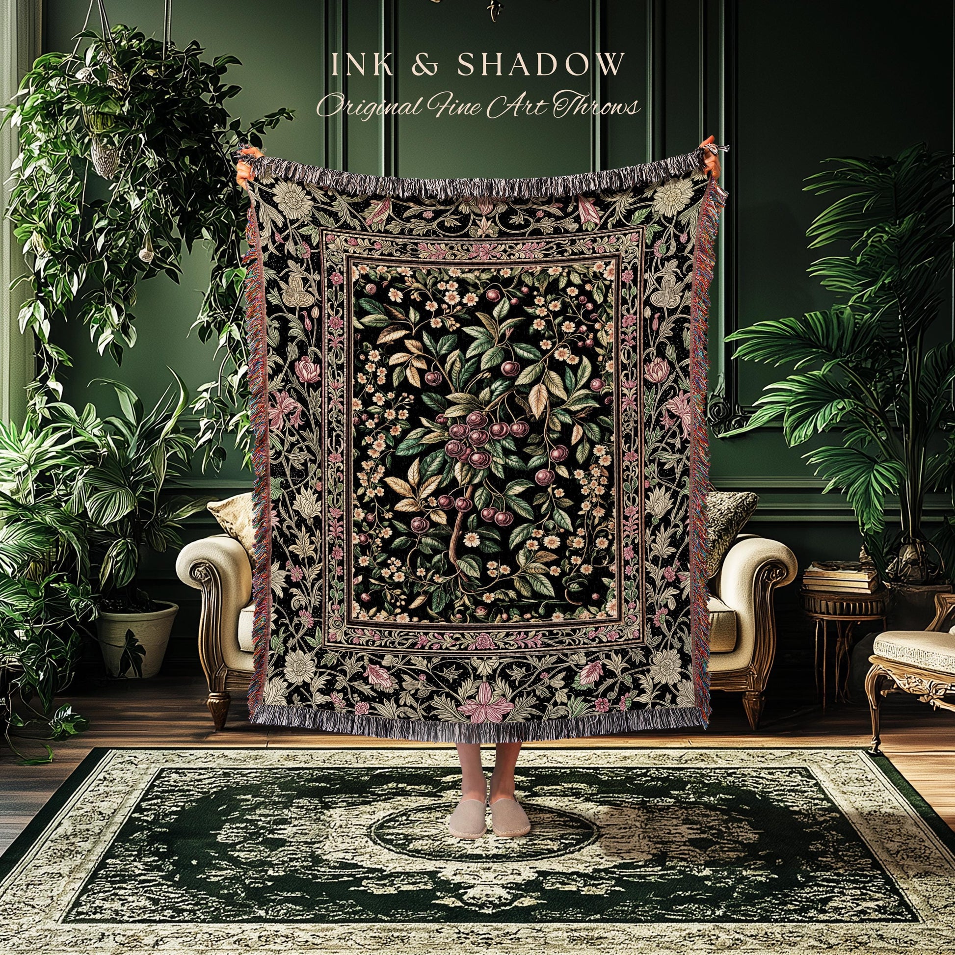 Gothic Elegance Cherry Throw Blanket | Victorian Cottagecore Decor Baroque Floral Style Gothic Garden Woven Tapestry Romantic Dark Ethereal