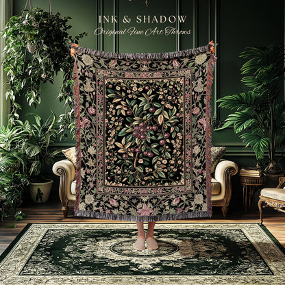 Gothic Elegance Cherry Throw Blanket | Victorian Cottagecore Decor Baroque Floral Style Gothic Garden Woven Tapestry Romantic Dark Ethereal