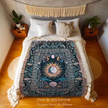 Whimsigothic Eclectic Moon Blanket | Celestial Boho Mystic Tarot-Inspired Woven Tapestry Astrology Decor Witchy Maximalist Floral Aesthetic
