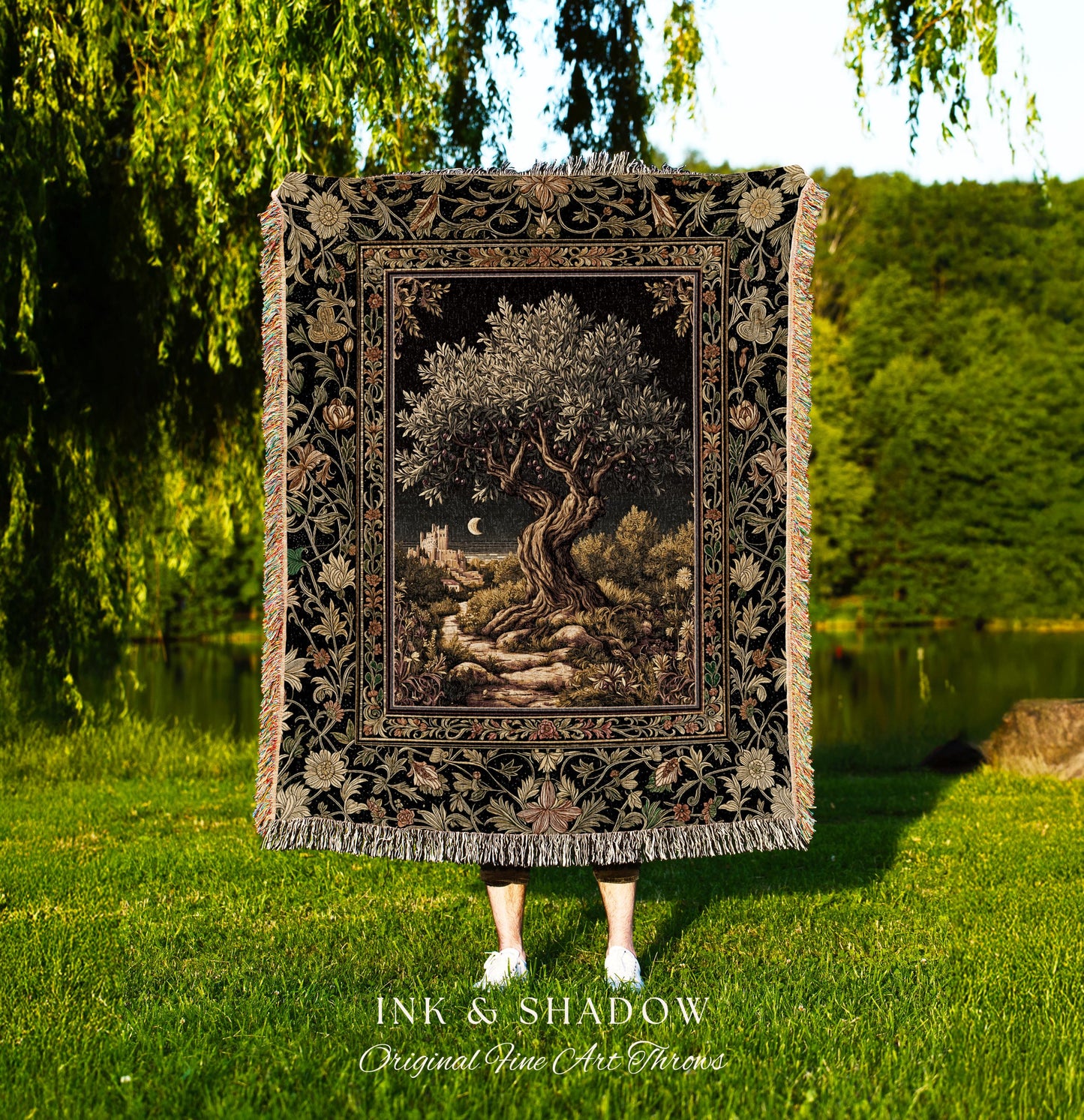 Moonlit Olive Tree Rustic Blanket Woven Throw Blanket Jacquard Tapestry