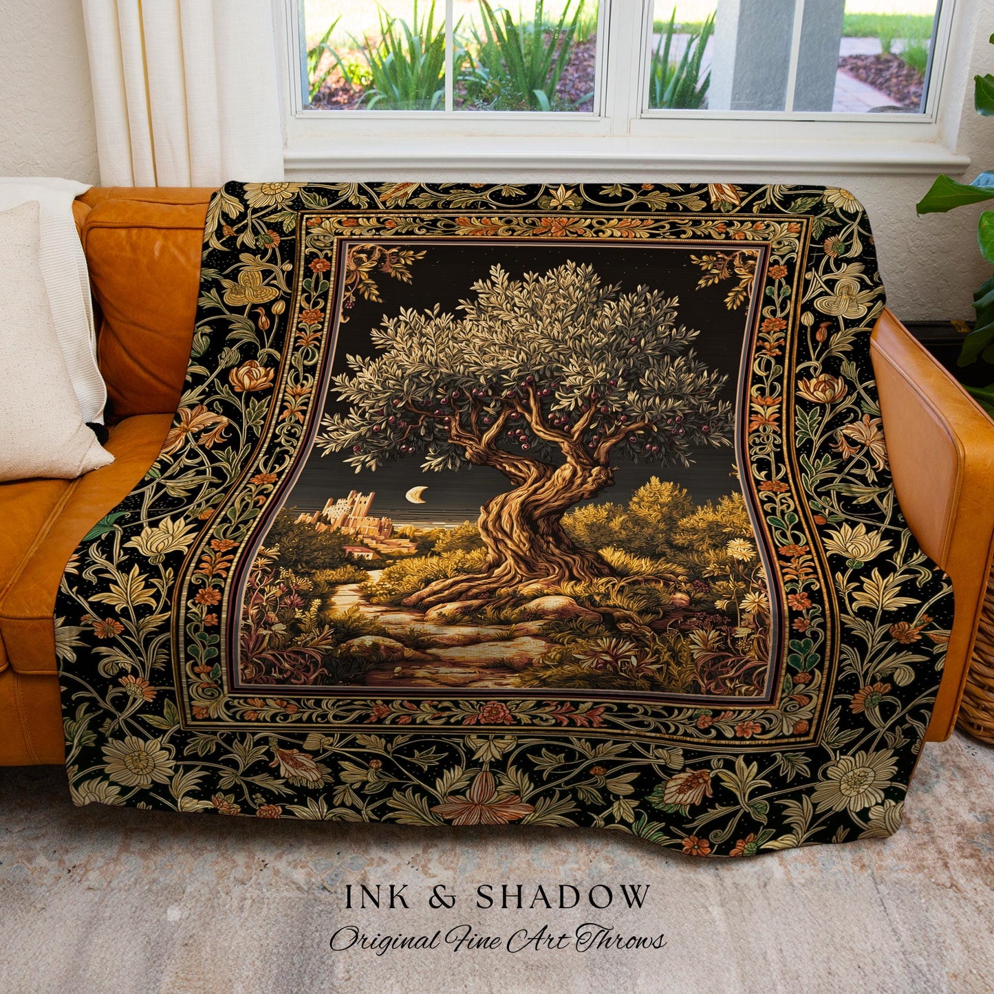 Moonlit Olive Tree Rustic Blanket Woven Throw Blanket Jacquard Tapestry