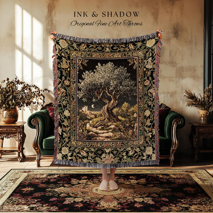 Moonlit Olive Tree Rustic Blanket Woven Throw Blanket Jacquard Tapestry