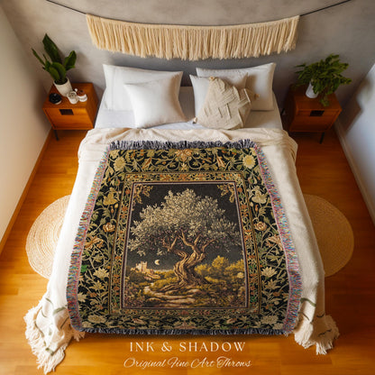 Moonlit Olive Tree Rustic Blanket Woven Throw Blanket Jacquard Tapestry
