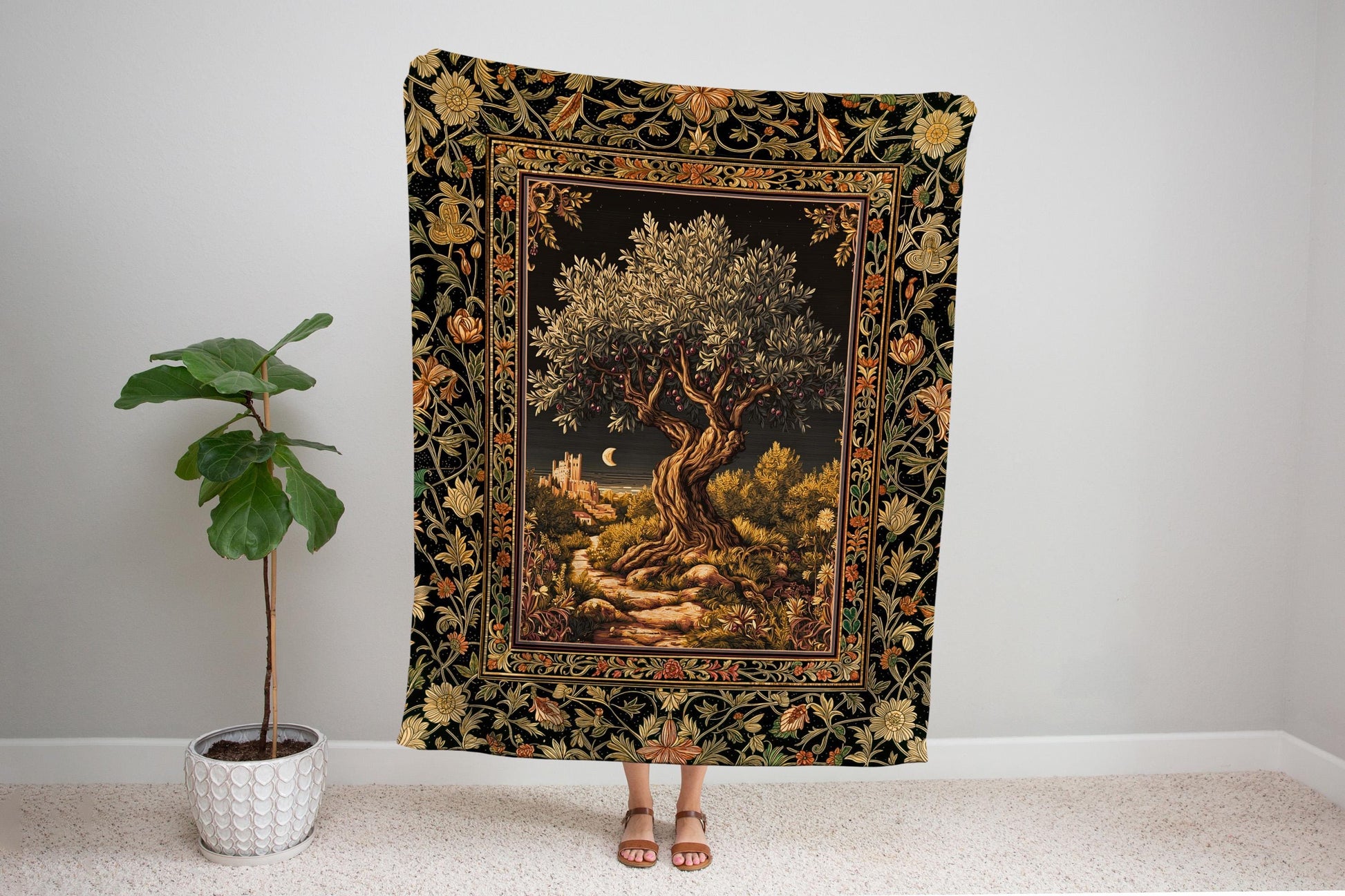 Moonlit Olive Tree Rustic Blanket Woven Throw Blanket Jacquard Tapestry