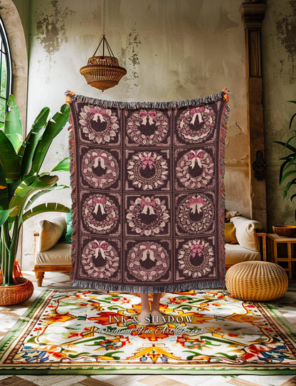 Vintage Pink Coquette Christmas Wreath Tapestry Throw Victorian Gothic Cottagecore Holiday Decor Antique Whimsigoth Festive Shabby Chic