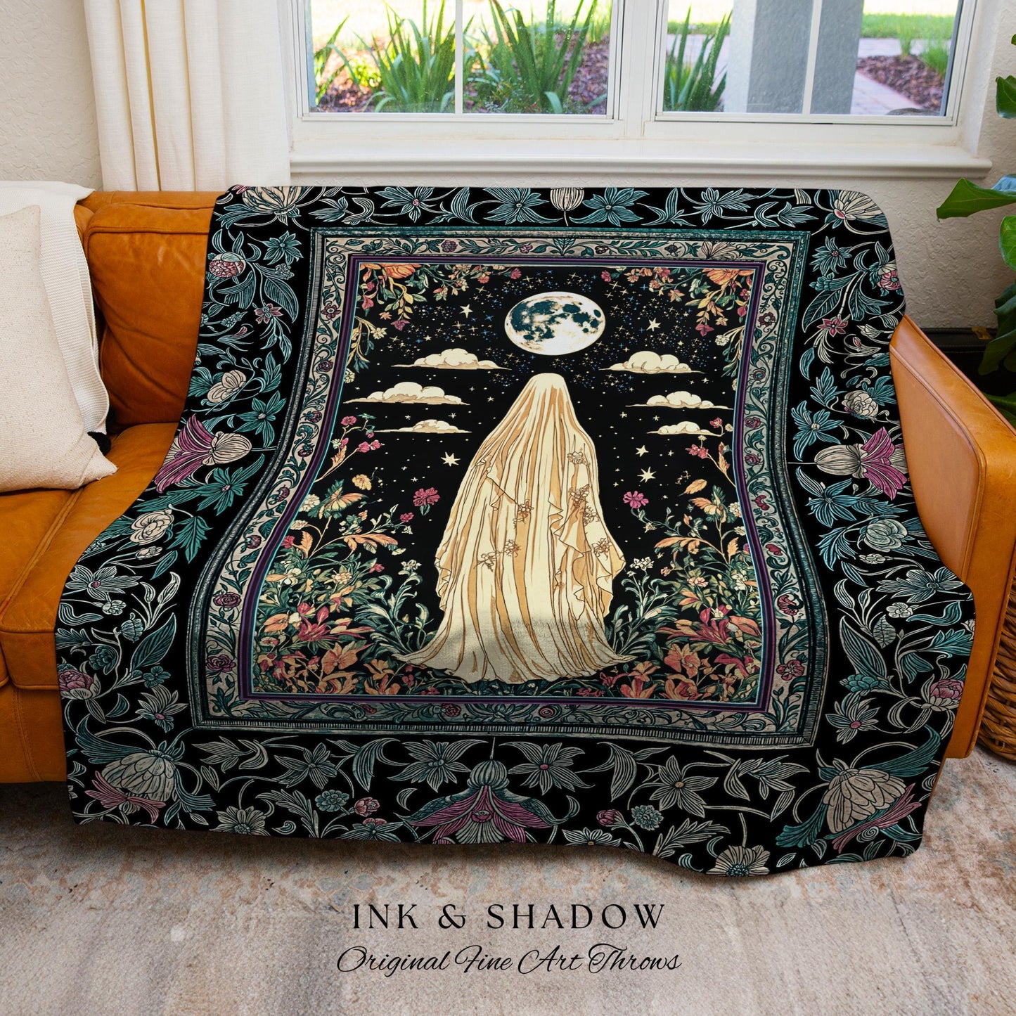 Moonlit Garden Ghost Woven Throw | Celestial Halloween Floral Tapestry Blanket Whimsigoth Cottagecore Spirit Botanical Season of the Witch |