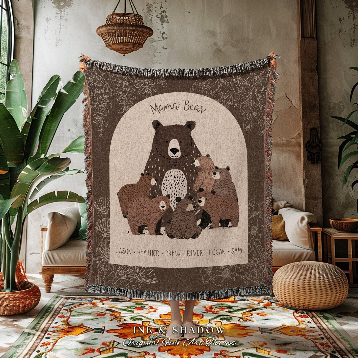 Personalized Mama Bear and Cubs Family Woven Blanket Keepsake | Custom Mom Gift from Kids Woven Throw Tapestry with Names Cherished Memories