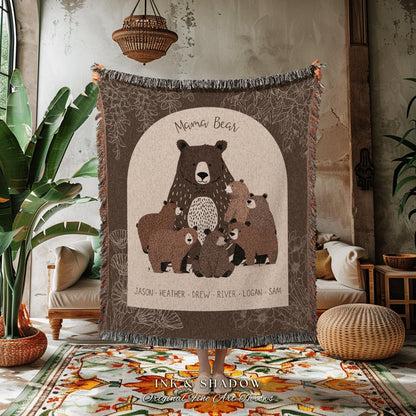 Personalized Mama Bear and Cubs Family Woven Blanket Keepsake | Custom Mom Gift from Kids Woven Throw Tapestry with Names Cherished Memories