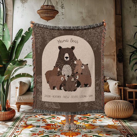 Personalized Mama Bear and Cubs Family Woven Blanket Keepsake | Custom Mom Gift from Kids Woven Throw Tapestry with Names Cherished Memories