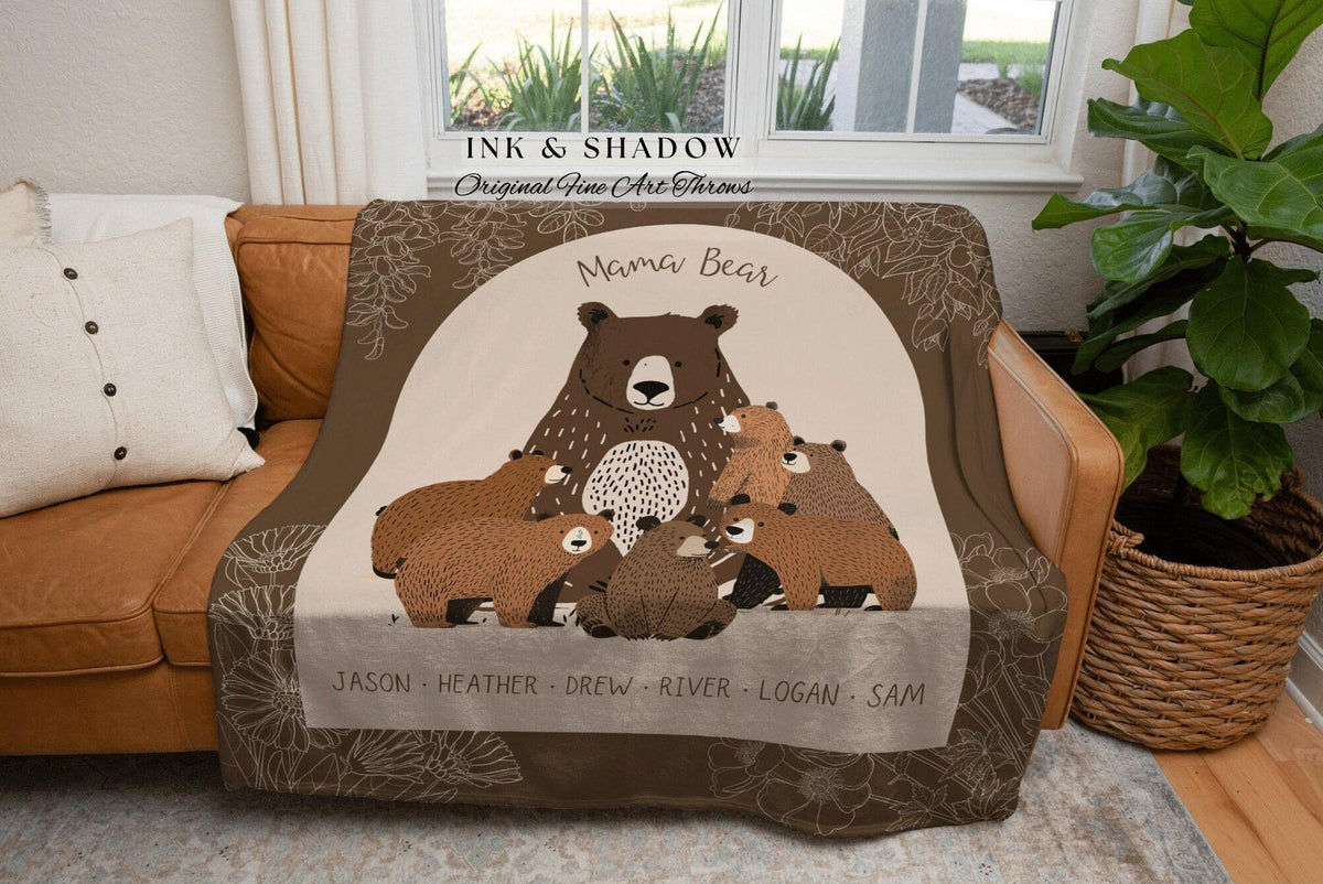Personalized Mama Bear and Cubs Family Woven Blanket Keepsake | Custom Mom Gift from Kids Woven Throw Tapestry with Names Cherished Memories
