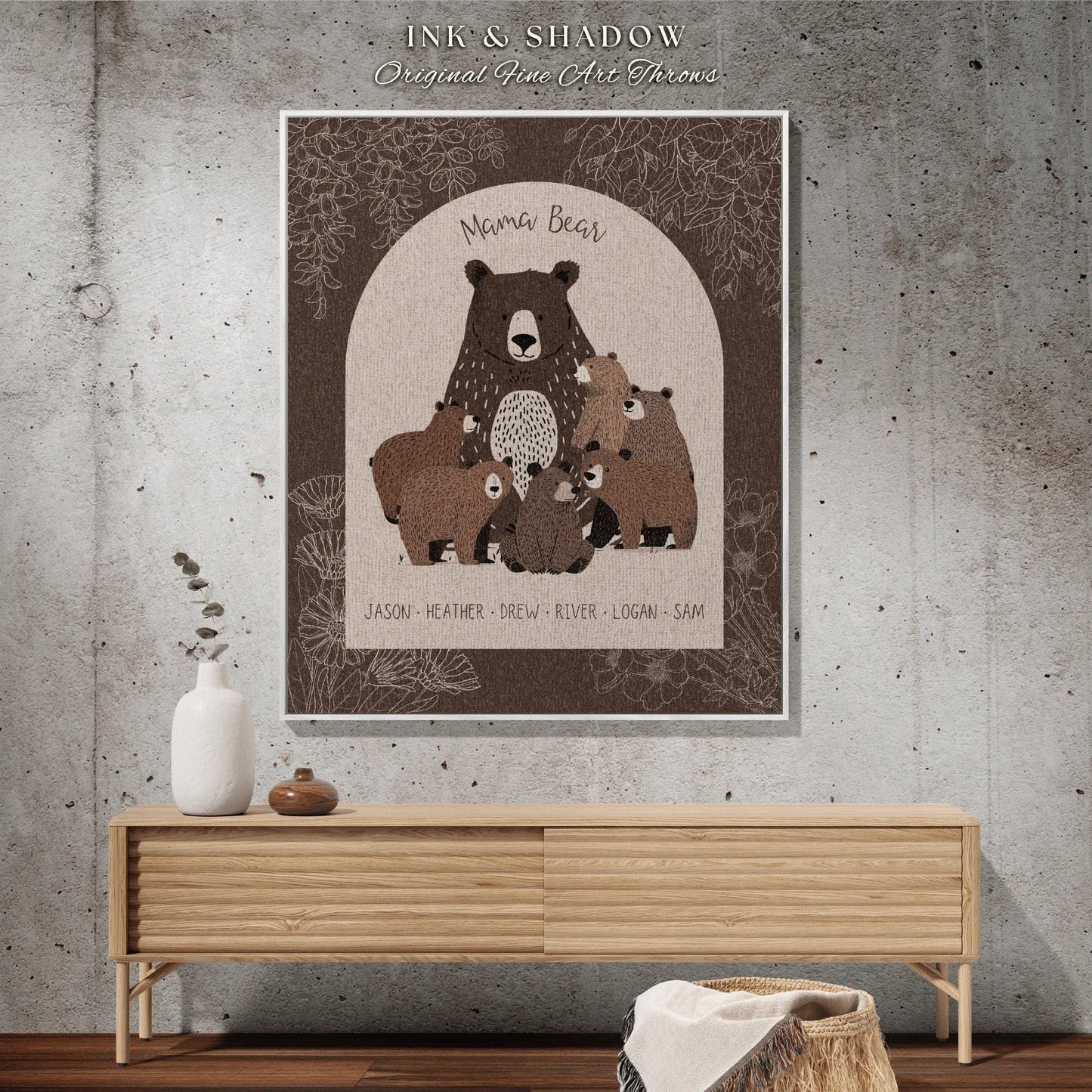Personalized Mama Bear and Cubs Family Woven Blanket Keepsake | Custom Mom Gift from Kids Woven Throw Tapestry with Names Cherished Memories