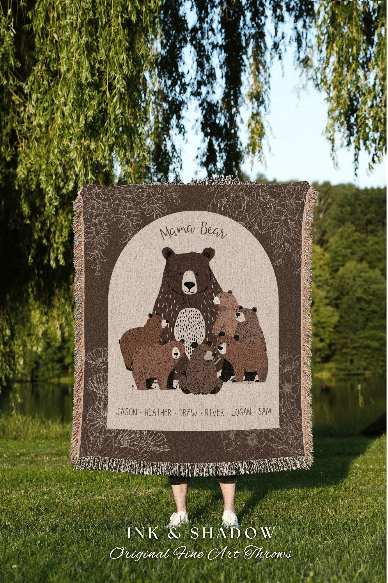 Personalized Mama Bear and Cubs Family Woven Blanket Keepsake | Custom Mom Gift from Kids Woven Throw Tapestry with Names Cherished Memories