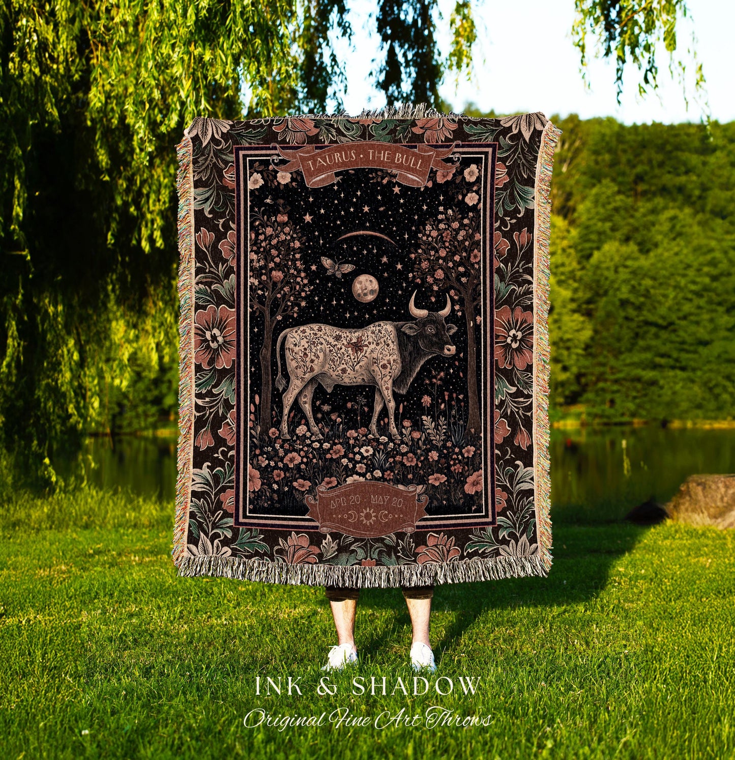 Victorian Gothic Taurus Zodiac Blanket Celestial Birthday Tapestry, The Bull Astrology Art Throw Baroque Romanticism Earth Sign Floral Decor