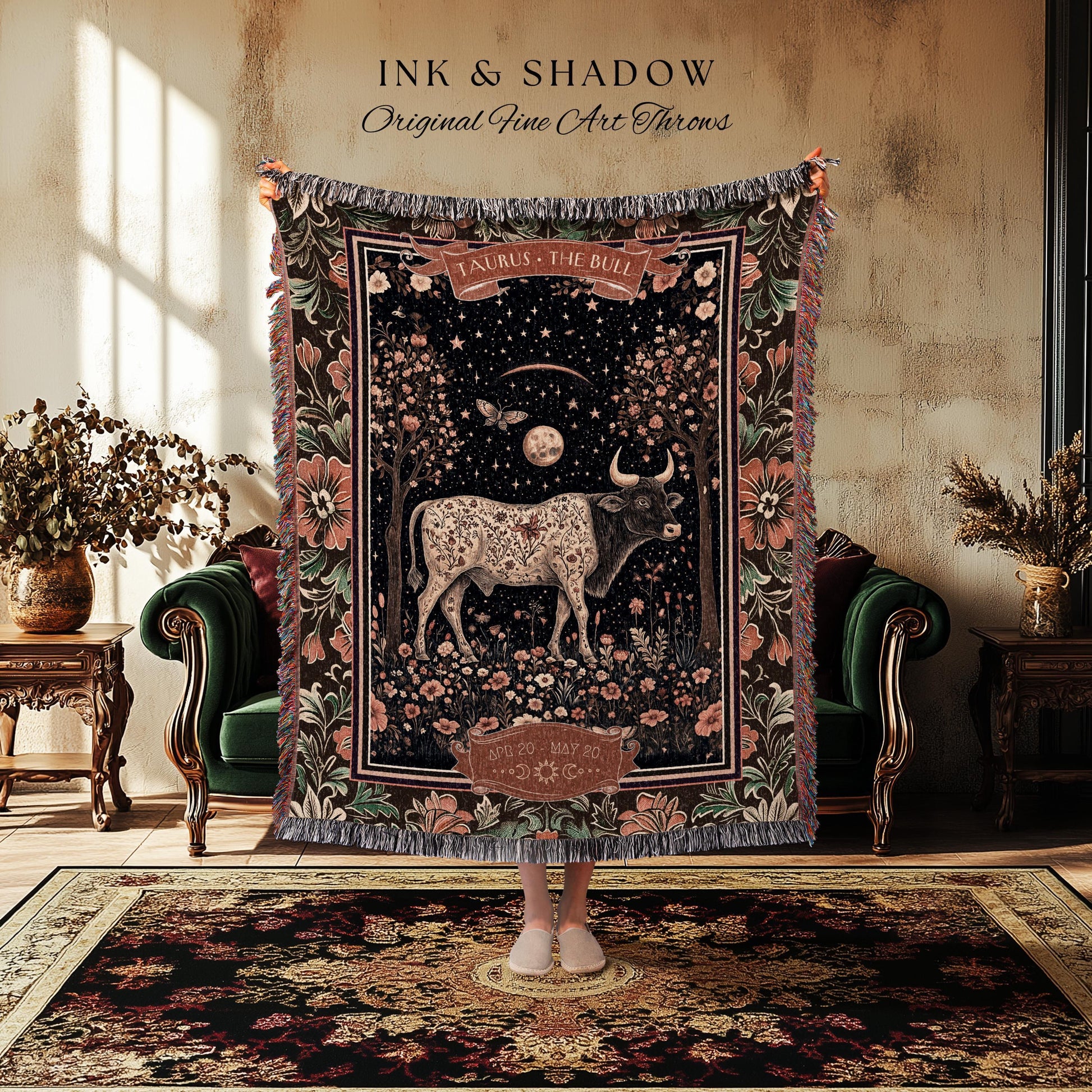 Victorian Gothic Taurus Zodiac Blanket Celestial Birthday Tapestry, The Bull Astrology Art Throw Baroque Romanticism Earth Sign Floral Decor
