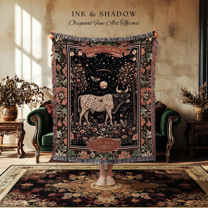 Victorian Gothic Taurus Zodiac Blanket Celestial Birthday Tapestry, The Bull Astrology Art Throw Baroque Romanticism Earth Sign Floral Decor