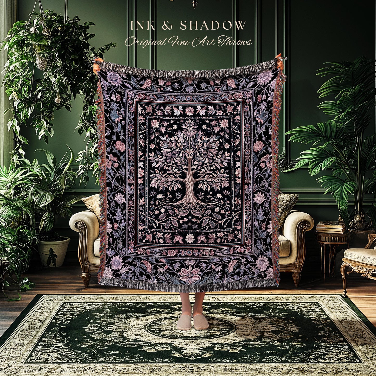 Chateaucore Pastel Purple Tapestry Tree Blanket Jacquard Woven Coverlet