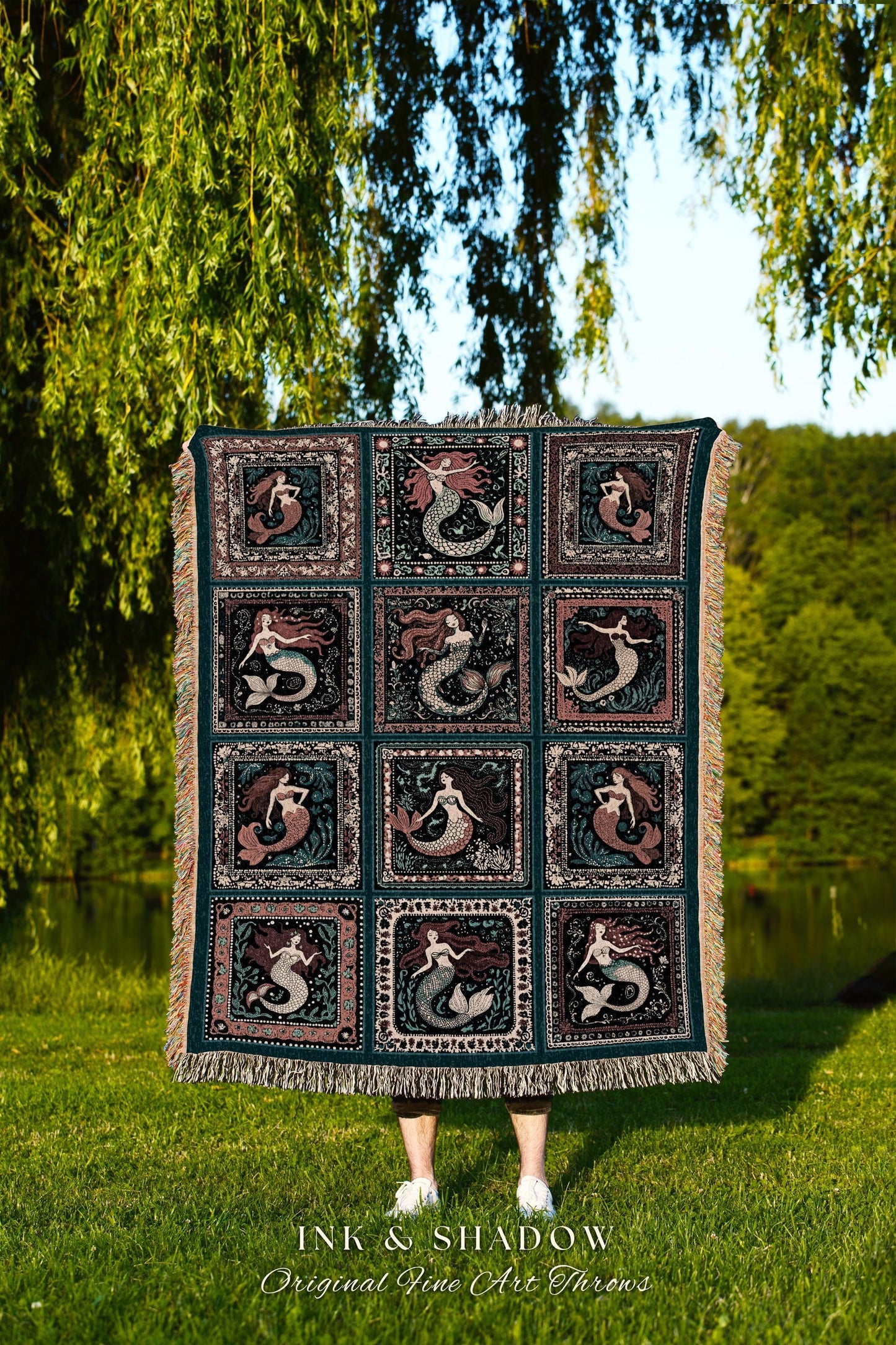 Cozy Nostalgic Mermaid Blanket | Retro Sea Life Throw Mystical Selkie Beach House Tapestry Woven Throw Vintage Coastal Aesthetic Enchanted |